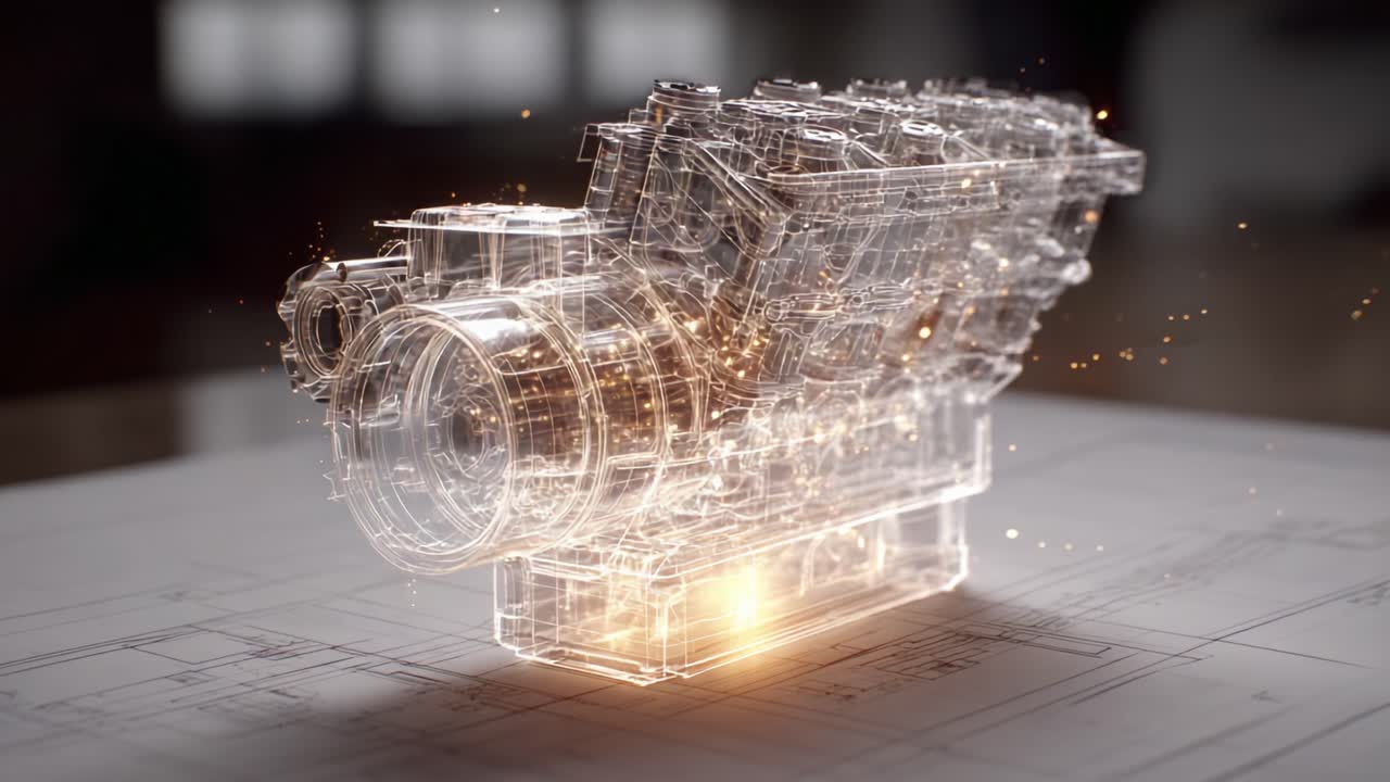 A Stunning Visual Representation of an Engine Design Concept Featuring a Transparent and Illuminated Structure on Technical Blueprint Background