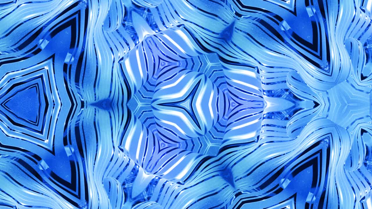 fondo simétrico abstracto con simetría estelar. mandala con olas. fondo líquido azul abstracto en bucle con patrón brillante ondulado, superficie brillante y brillante. efecto caleidoscopio