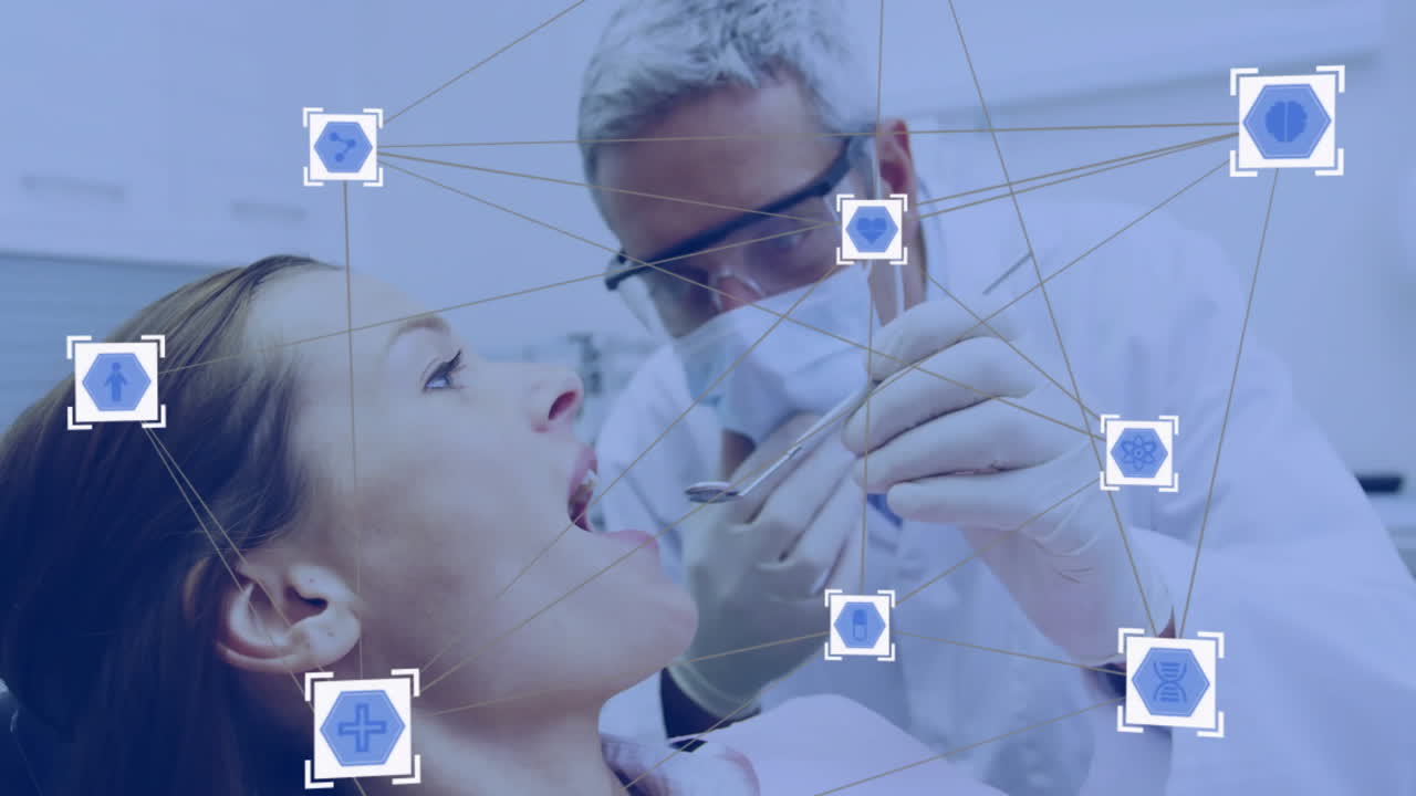 dentista examinando al paciente con herramientas dentales, iconos de salud conectados sobre animación