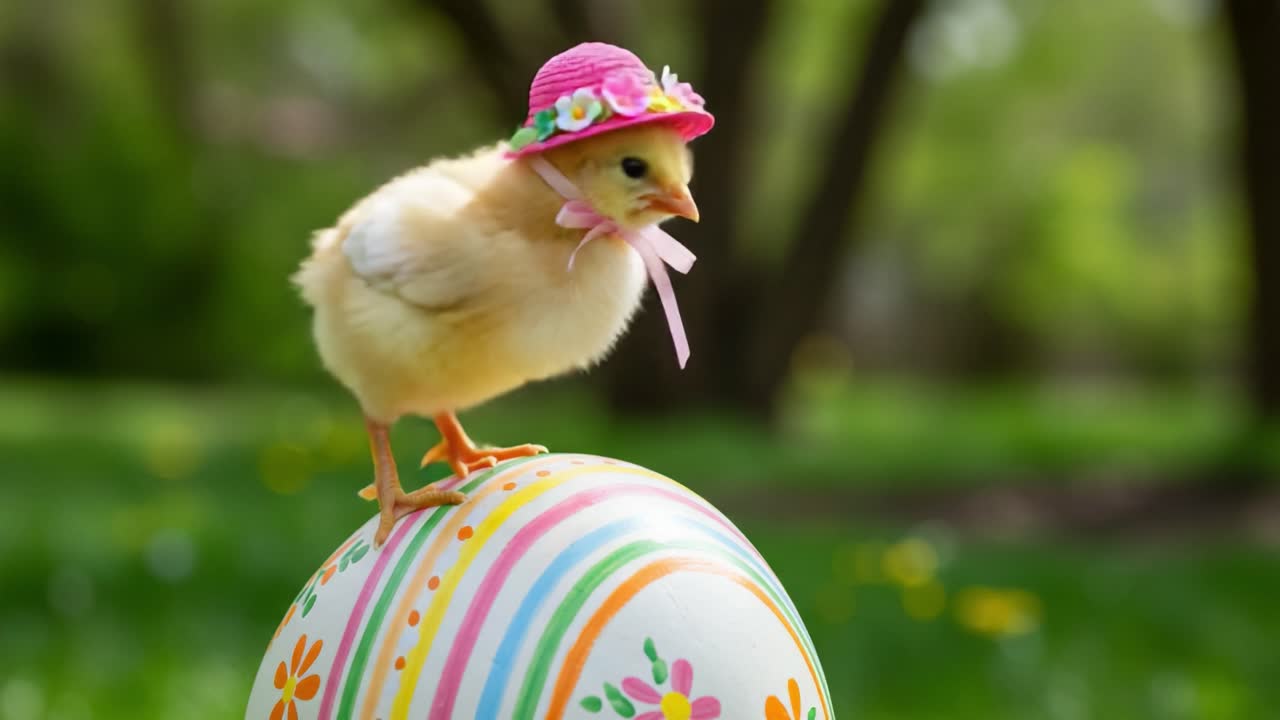 Charming Easter Scene Featuring Adorable Yellow Chick Wearing a Pink Hat Perched Playfully on a Beautifully Decorated Easter Egg in a Lush Outdoor Setting