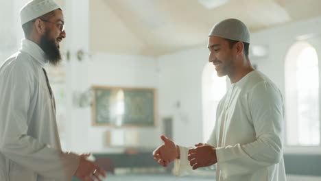 muslim, handshake and people in mosque