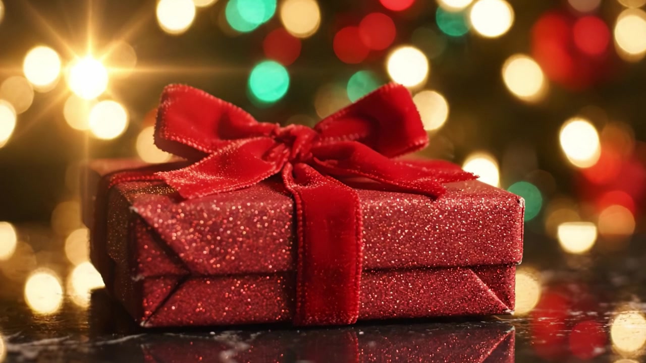 Una Scatola Regalo di Natale Rossa Splendidamente Incartata con un Fiocco Scintillante Contro uno Sfondo Scintillante di Luci Festive e Allegria Natalizia.