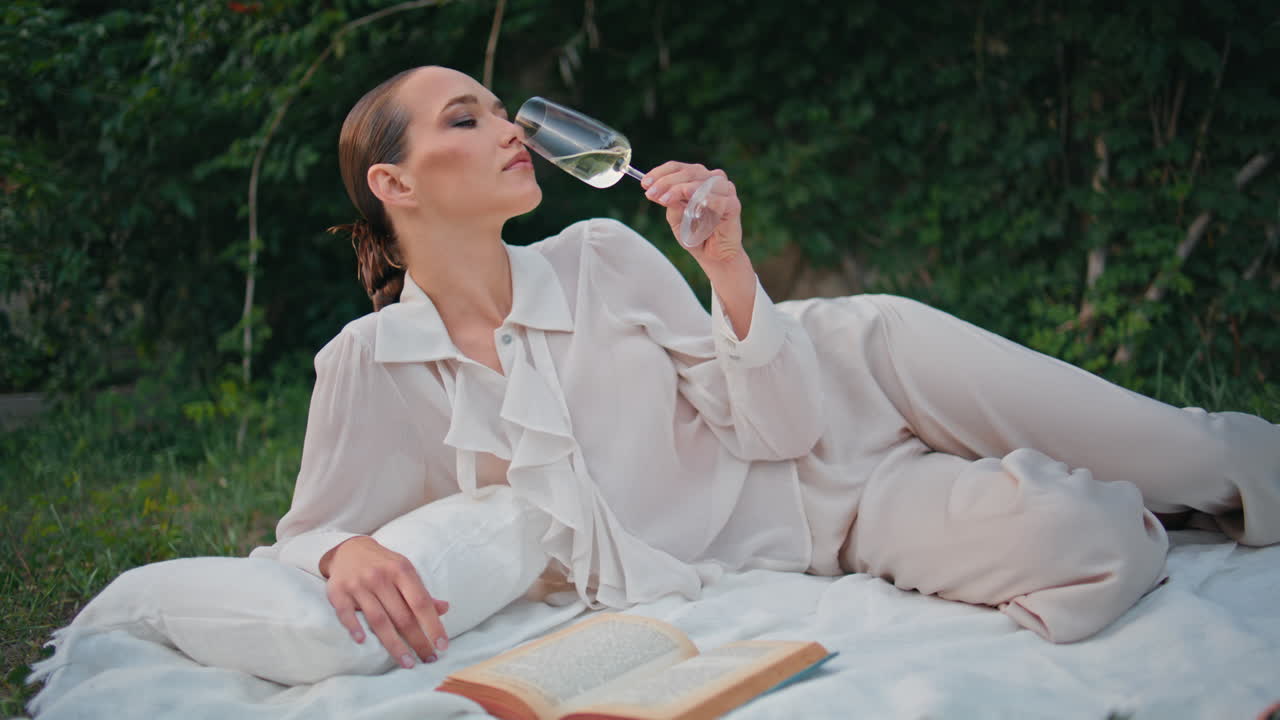 멋진 여성이 피크닉 담요 위에 와인을 편안하게 마시고 여름 주말에 모델이 맛있는 술을 마시고 있습니다.