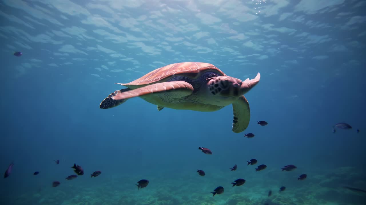 Underwater video of a sea turtle swimming gracefully, captured from a low-angle shot
