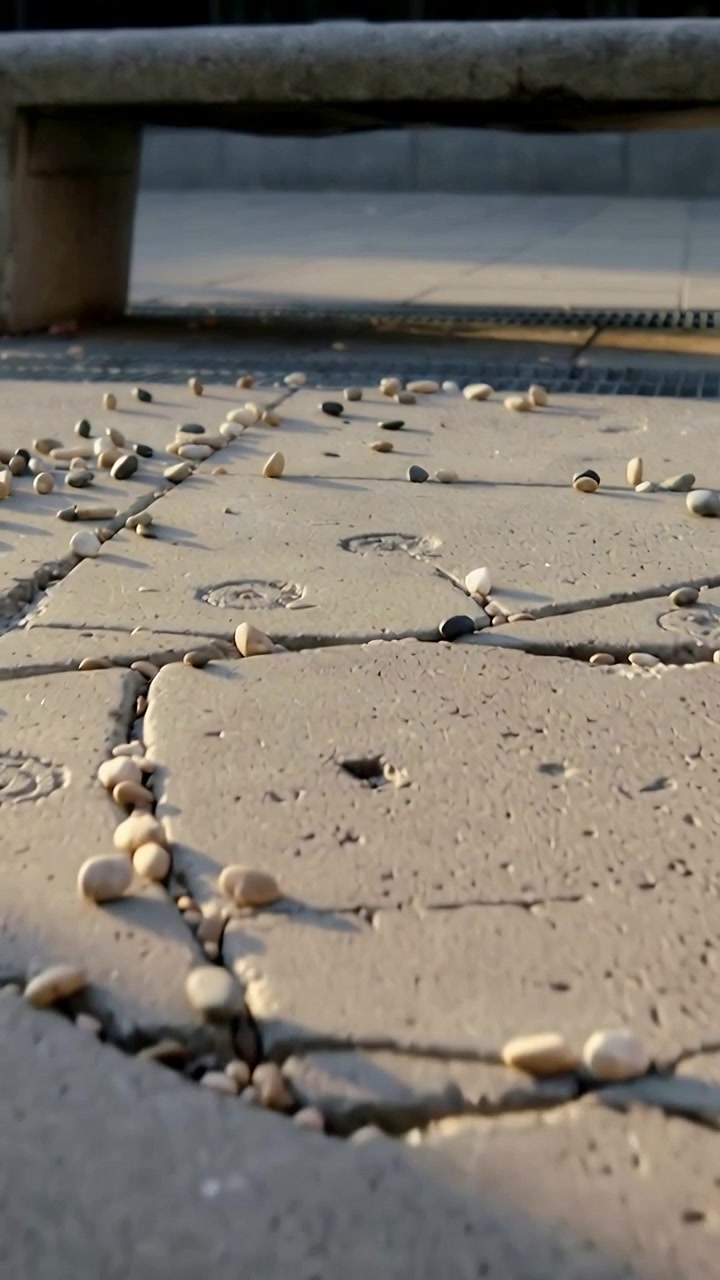 Video verticale: Sollevamento di una telecamera bassa che rivela la pavimentazione della piazza, con l'obiettivo di mostrare panchina, grata, ciottoli.
