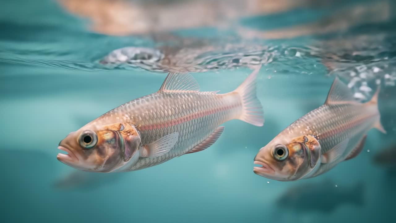 Gliding two silvery fish leading unhurried rightward swim below turquoise surface, creating ripples