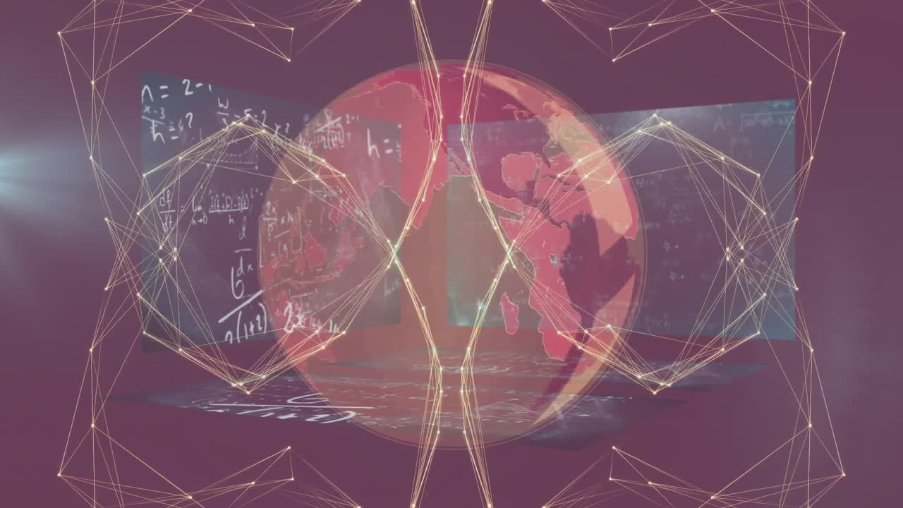 Animation of globe with network connections and equations in digital space