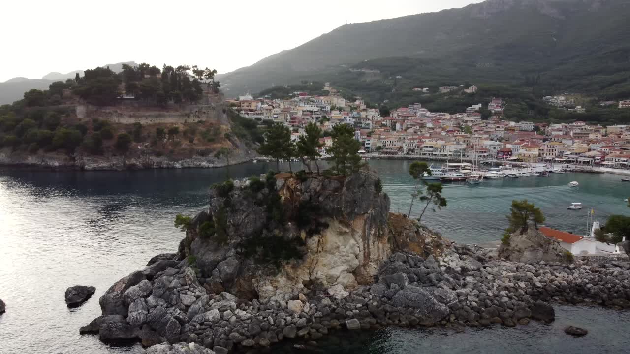 Aerial view of Parga Greek town skyline at the Ionian coast with Chapel of the Assumption of the Virgin