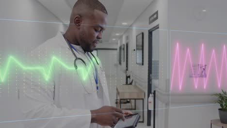 Animation-of-data-processing-over-african-american-male-doctor-in-hospital