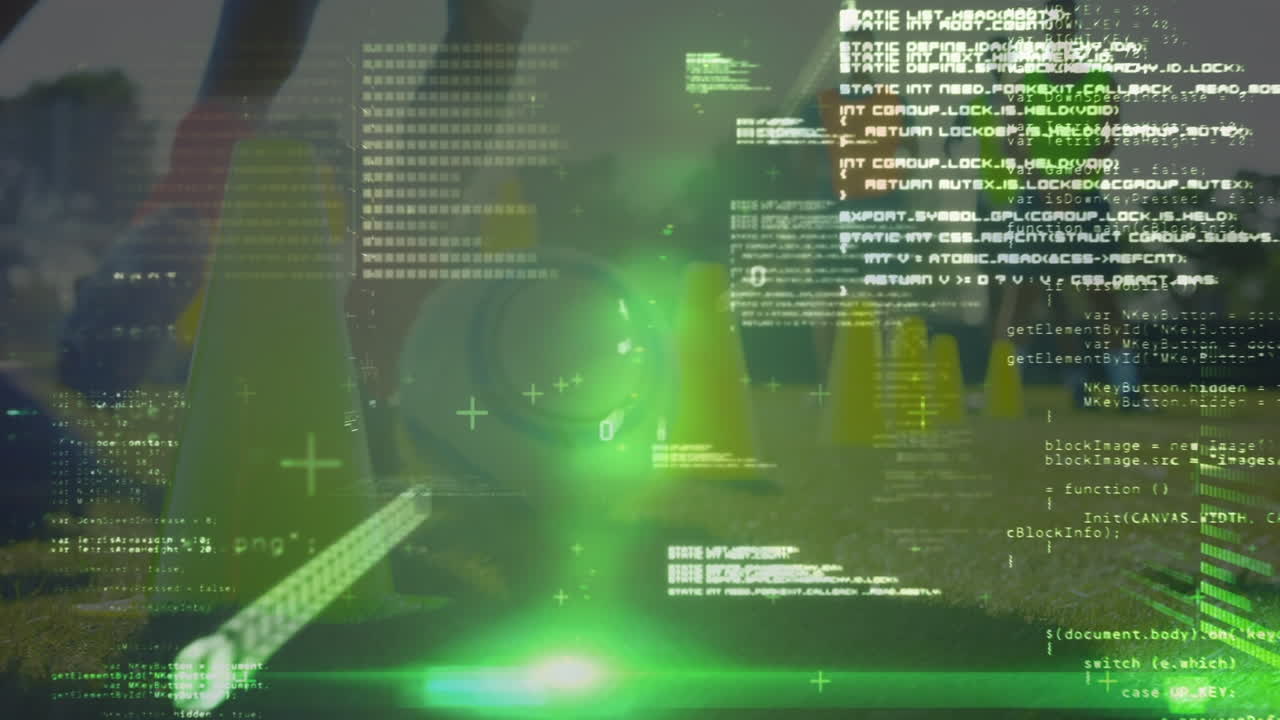 스타디움에서 연습하는 다양한 남성 축구 선수에 대한 데이터 처리 애니메이션