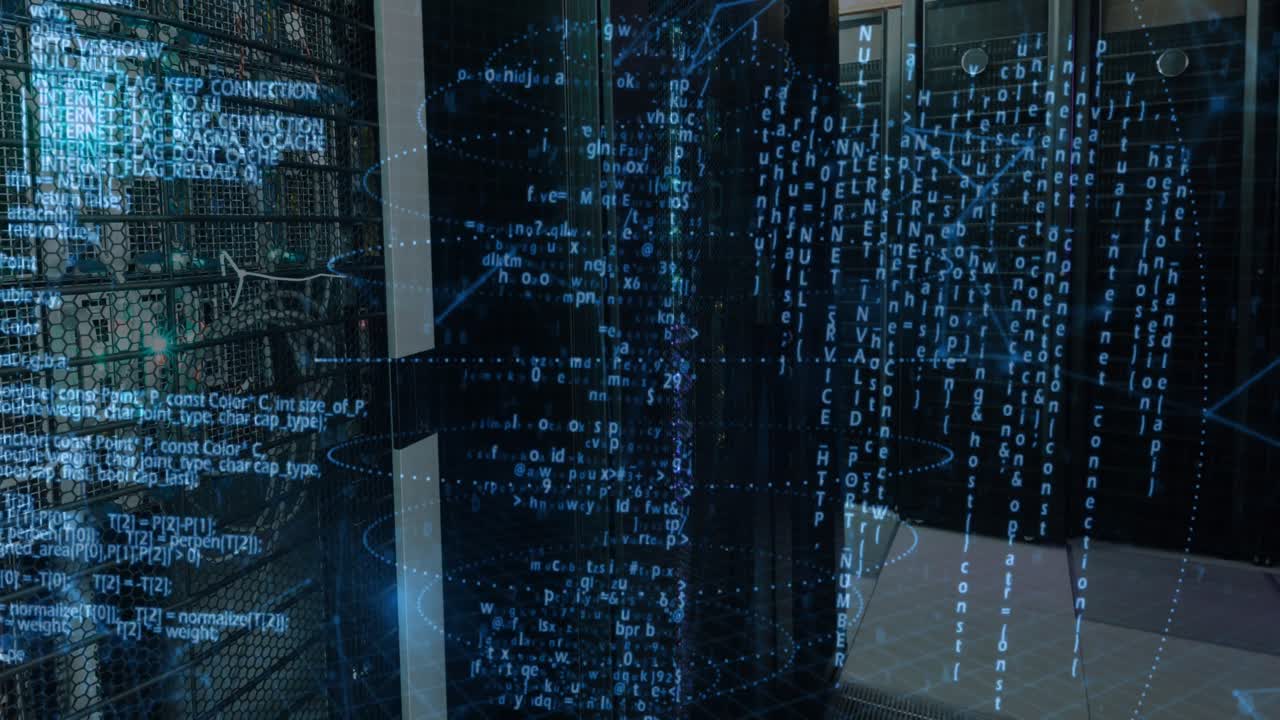 Animation of data processing and shapes over server room