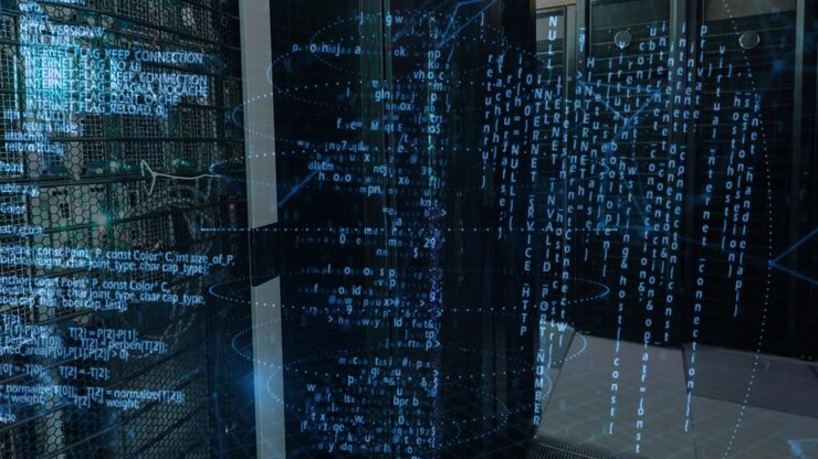 Animation of data processing and shapes over server room