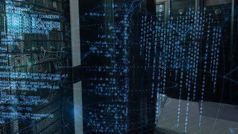 animation of data processing and shapes over server room