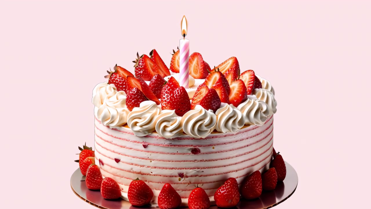 Delicious Strawberry Cake with Burning Candle and Cream Frosting