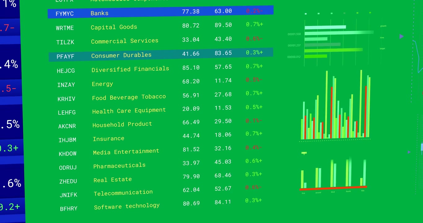 Animation of stock exchange financial data processing on transparent background