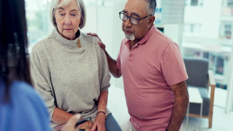 elderly couple, tablet and doctor with brain x