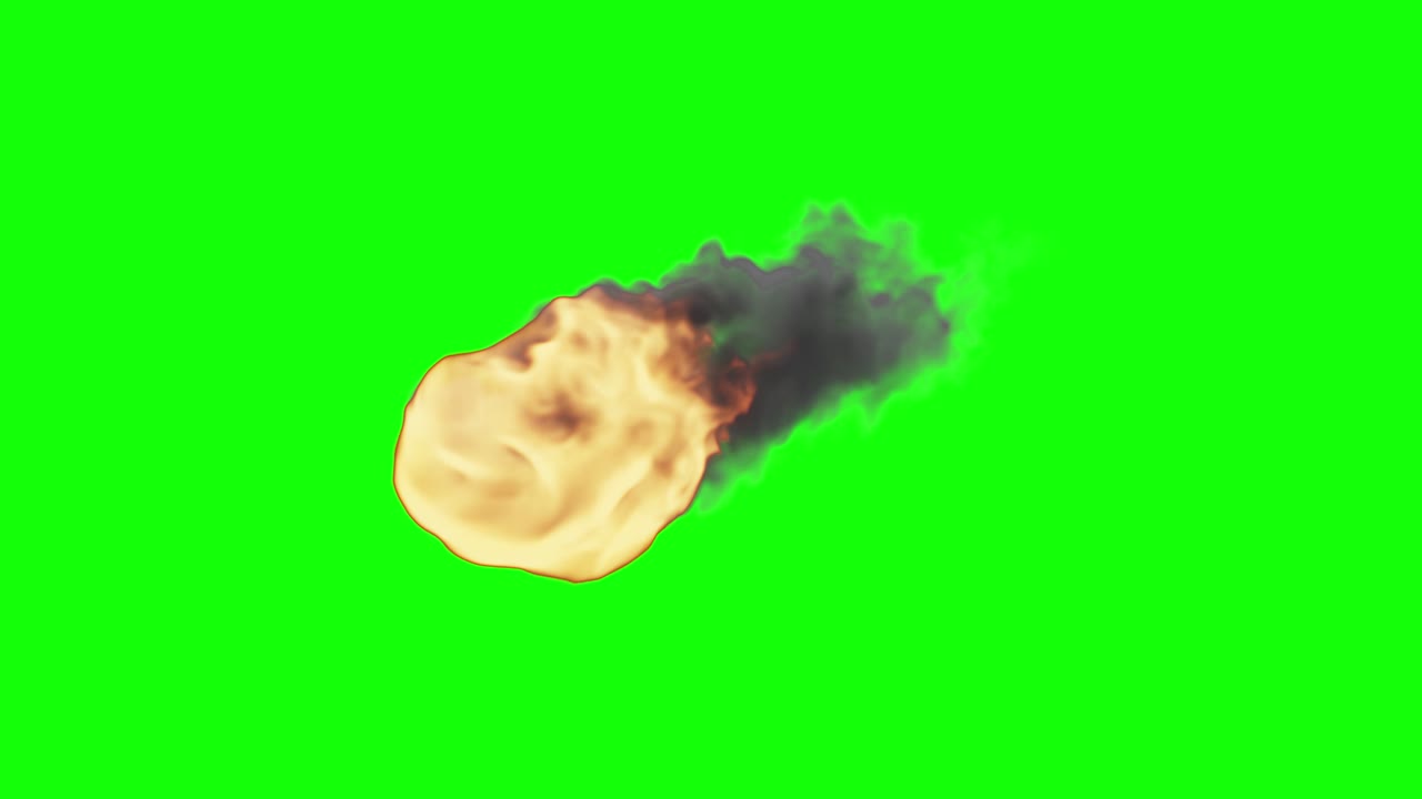 animación de un meteorito cayendo a través de la atmósfera quemándose en el camino. meteoros o asteroides, rastros de fuego y humo