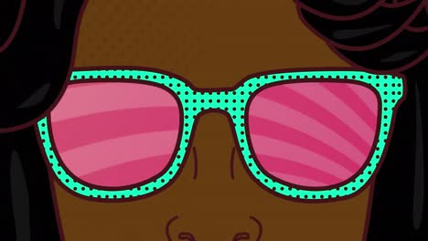 Animation-of-woman-wearing-sunglasses-icon-against-rays-in-seamless-pattern-on-pink-background