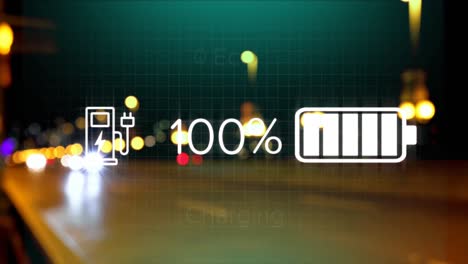 Animation-of-speedometer-and-power-level-over-blurred-road-traffic