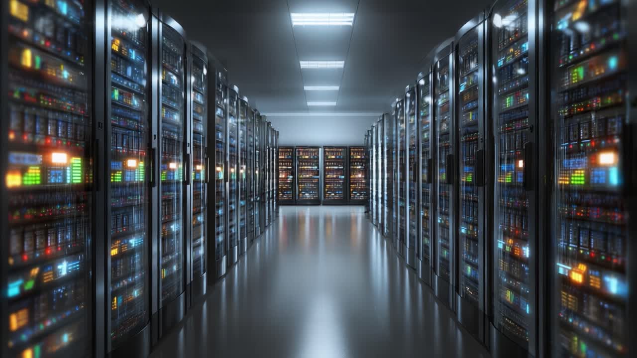 A High-Tech Data Center Showcasing Rows of Servers with Glowing Lights and Advanced Computing Equipment, Symbolizing Modern Data Storage and Processing Capabilities