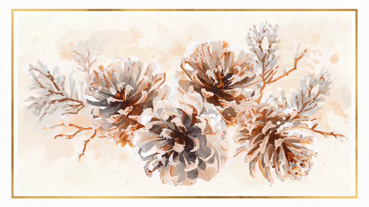 Slow camera zooming revealing watercolor pinecones on beige paper in studio, exposing gold frame