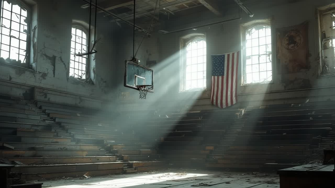 Abandoned gymnasium with sunlight streaming through windows illuminating dusty wooden bleachers