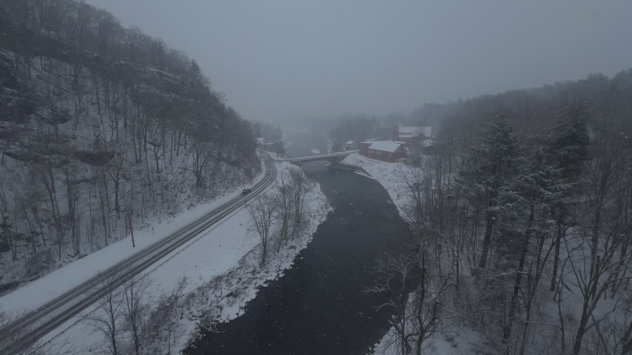 Rosendale, New York, on a snowy, beautiful winter day, during a nor'easter, as seen from the high trestle bridge, over the Rondout Creek, on the Wallkill Valley rail trail far above the village