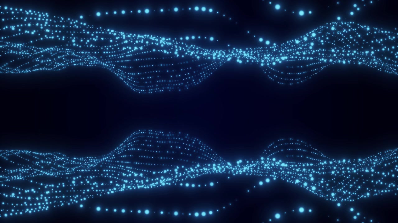 Abstract Blue Glowing Particle Waves Moving in Dark Space