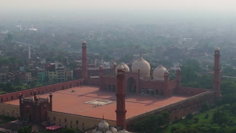 spectacular aerial view above lahore imperial mosque (badshahi mosque) in pakistan