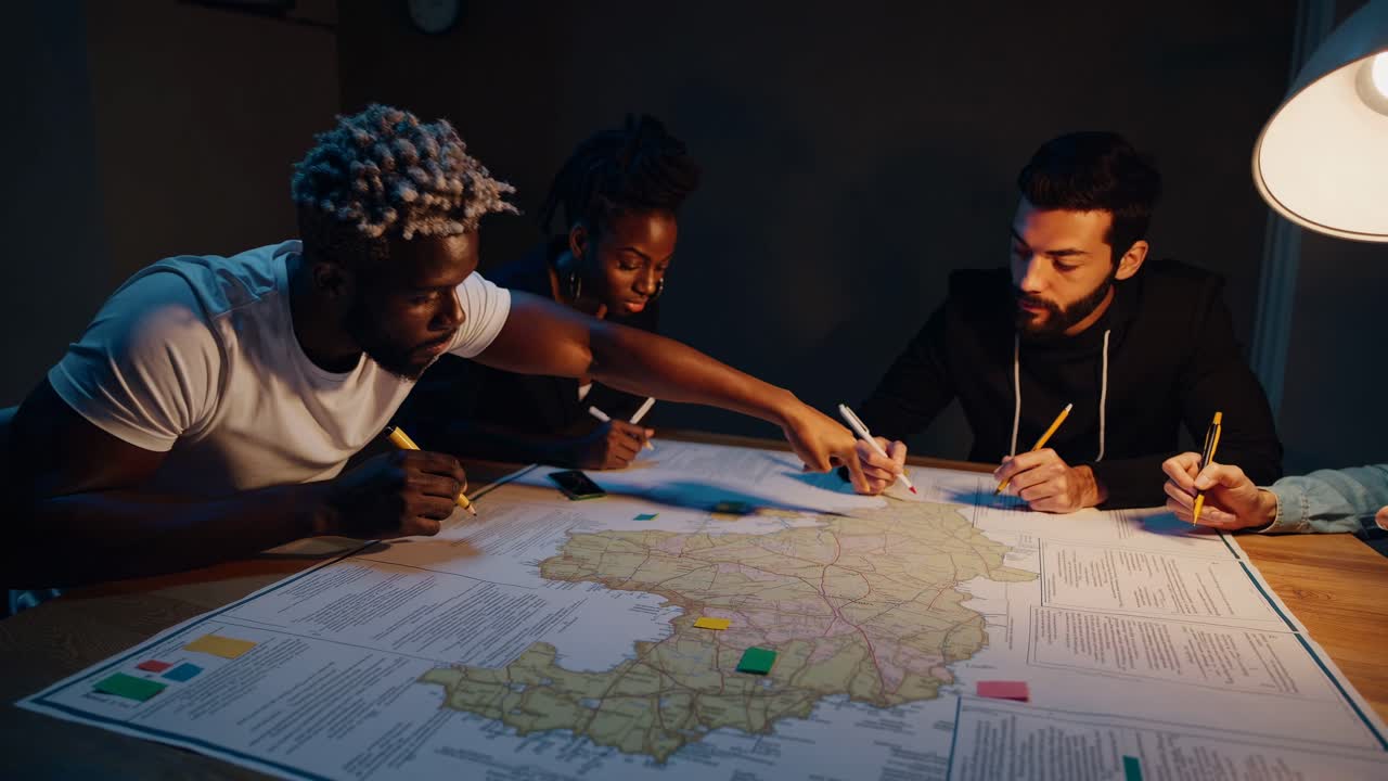 Aerial view of diverse team strategizing over a large map in a dimly lit room, captured in a video