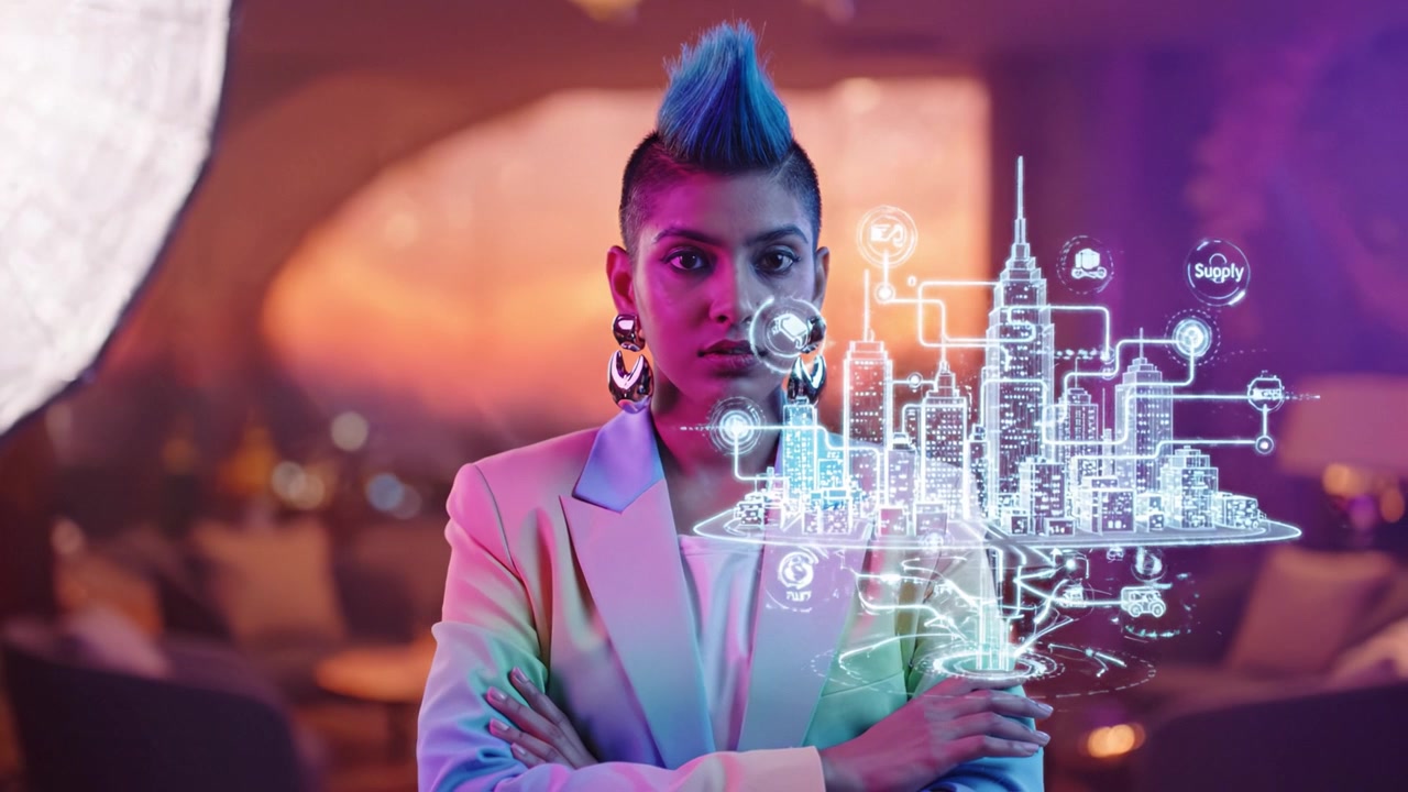 A confident individual with vibrant blue hair and colorful attire stands against a futuristic city backdrop, merging style with digital innovation and creativity.