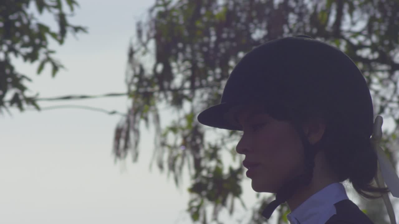 Face Profile Of Pretty Woman Equestrian Riding Horse Outdoors - Tracking Shot Against Sky and Tree Branches
