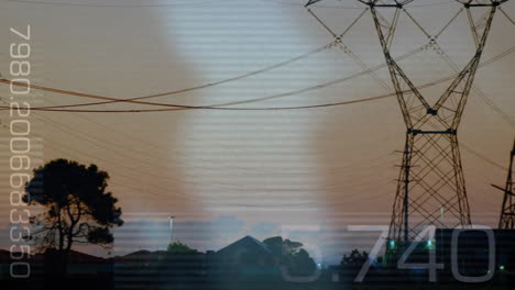 power lines and transmission towers over data processing animation with numbers