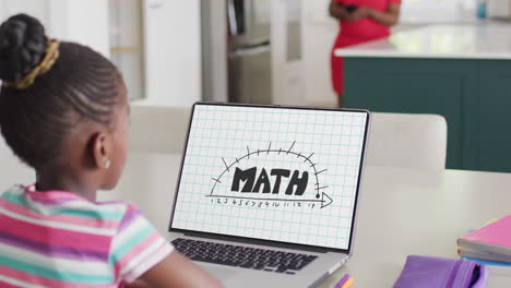 african american girl using laptop with math text on screen