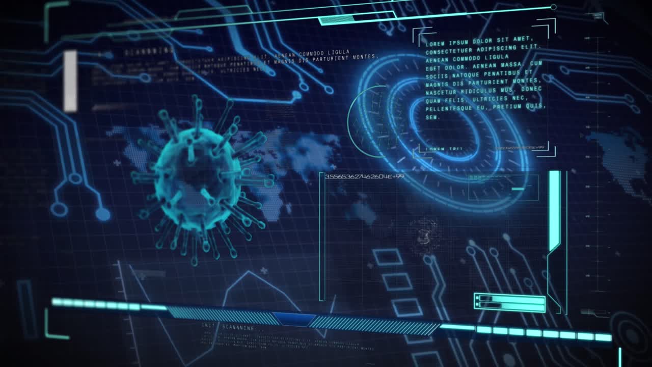 animación de la célula del virus y procesamiento de datos científicos sobre fondo azul.