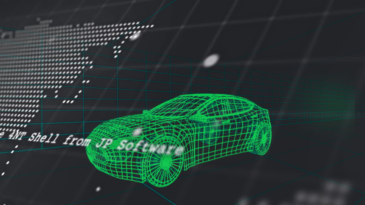 Green wireframe car model with digital map and text overlay animation