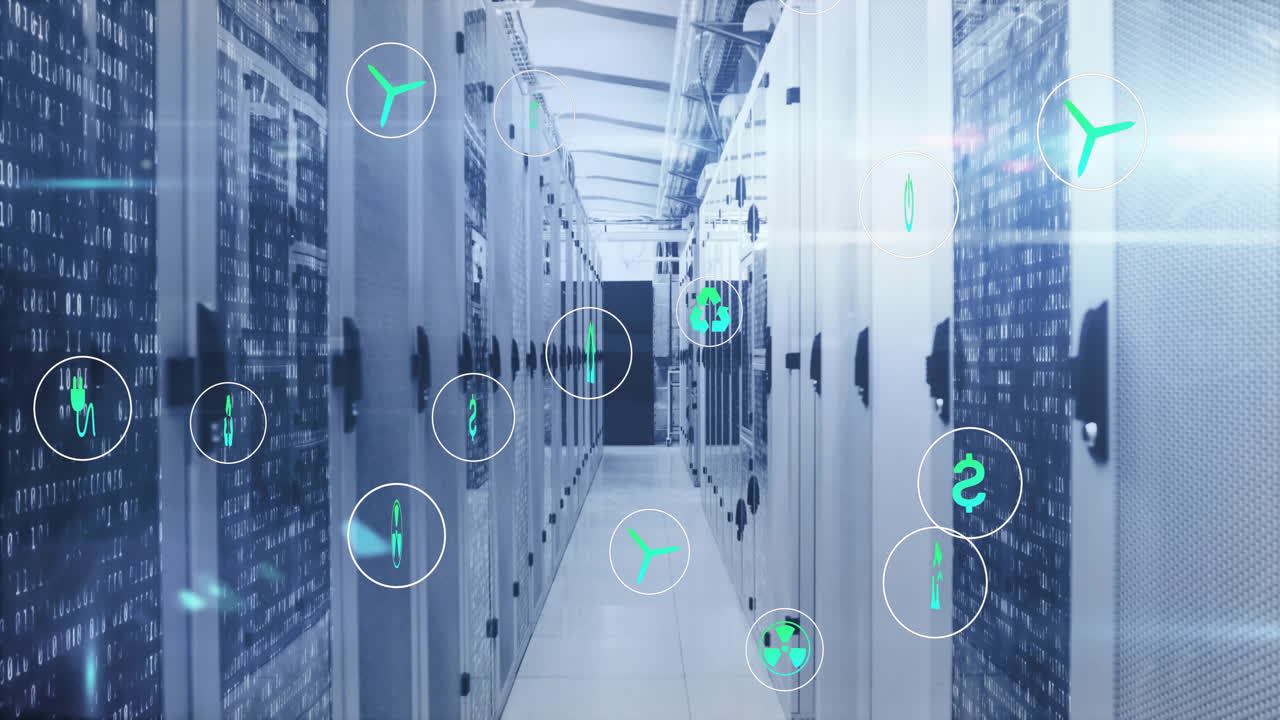 animación de iconos de ecología y energía que giran sobre luces intermitentes en los servidores en la sala de servidores