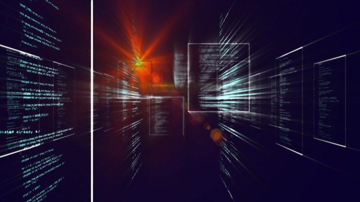 Digital code and data processing animation over glowing red light