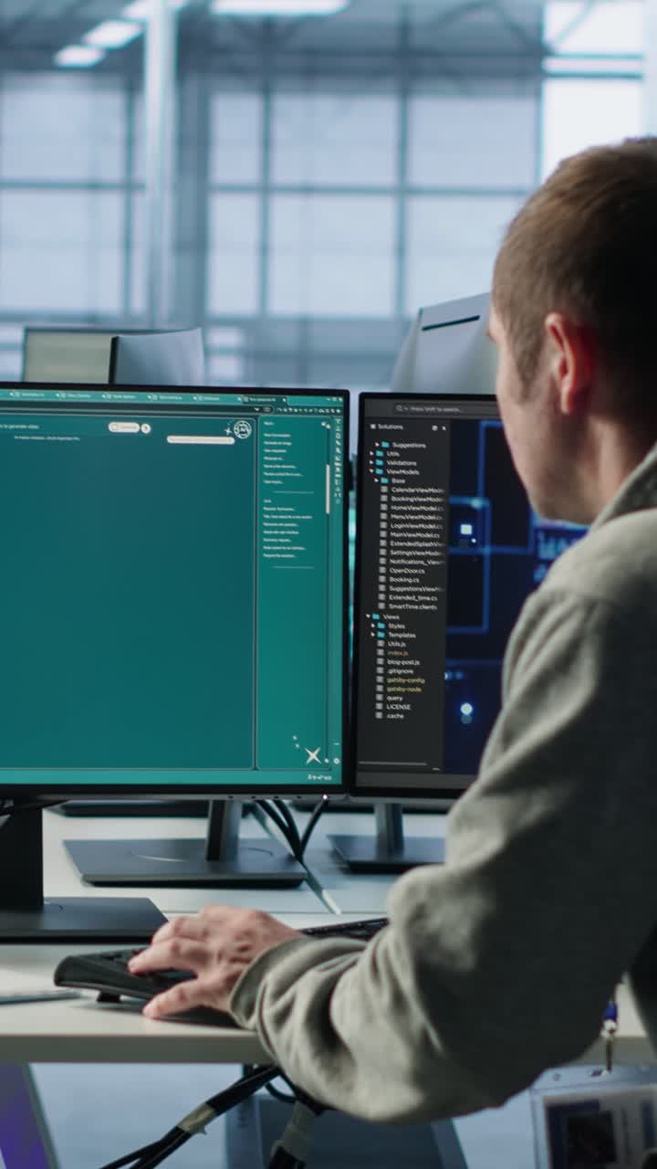 Mannlig programmerer som arbeider med flere skjermer på et moderne kontor.