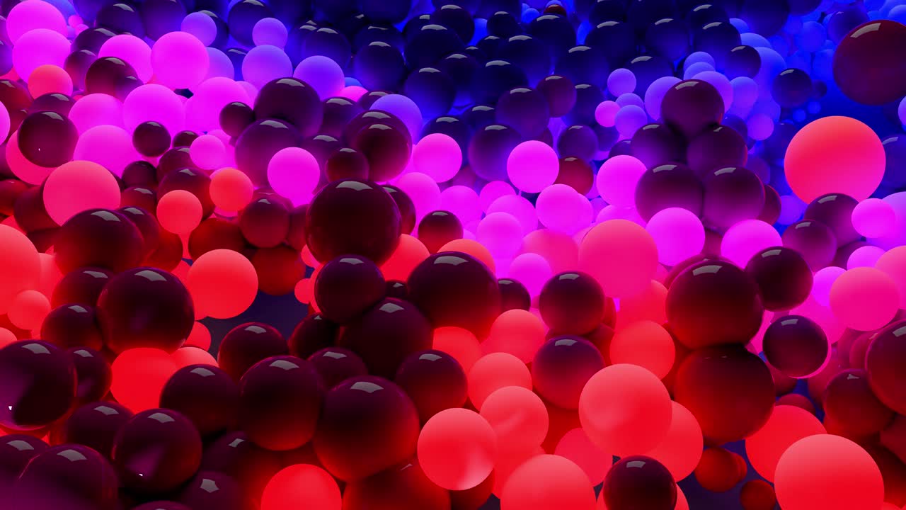 dark composition with colorful balls that cover the surface, some of which glow. 3d in 4k abstract background with flowing animation of spheres