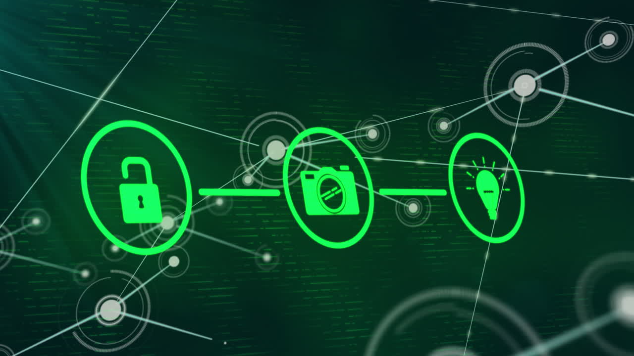 Animation of padlock, camera, lightbulb icons forming flow chart over connected dots