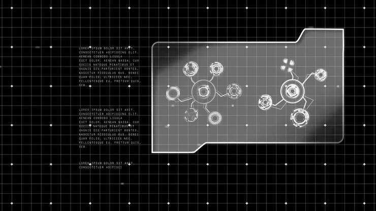 Animation of networks of connections spinning scope scanning data processing on black background