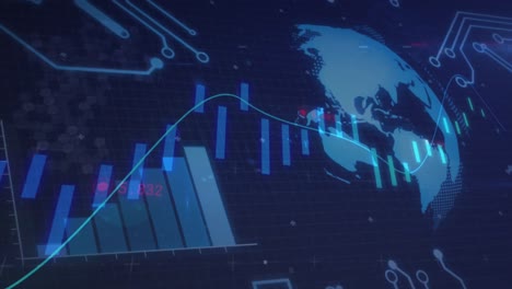 Animation-Der-Finanzdatenverarbeitung-über-Globus-Und-Leiterplatte