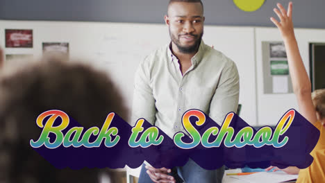 animation of back to school text over happy african american male teacher and schoolkids at school