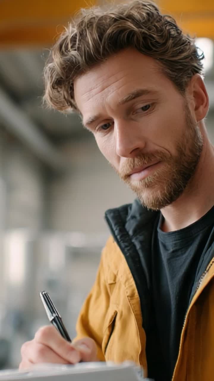Persona concentrata intenta a prendere appunti, che riflette concentrazione e produttività in uno spazio di lavoro luminoso con un'estetica moderna e industriale