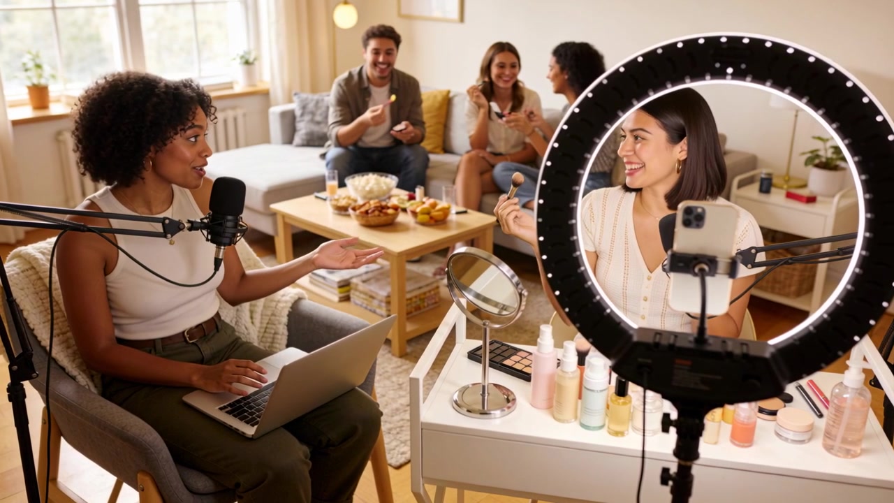 Streaming, white top host speaking to mic and managing laptop at home, with ringlit makeup demo