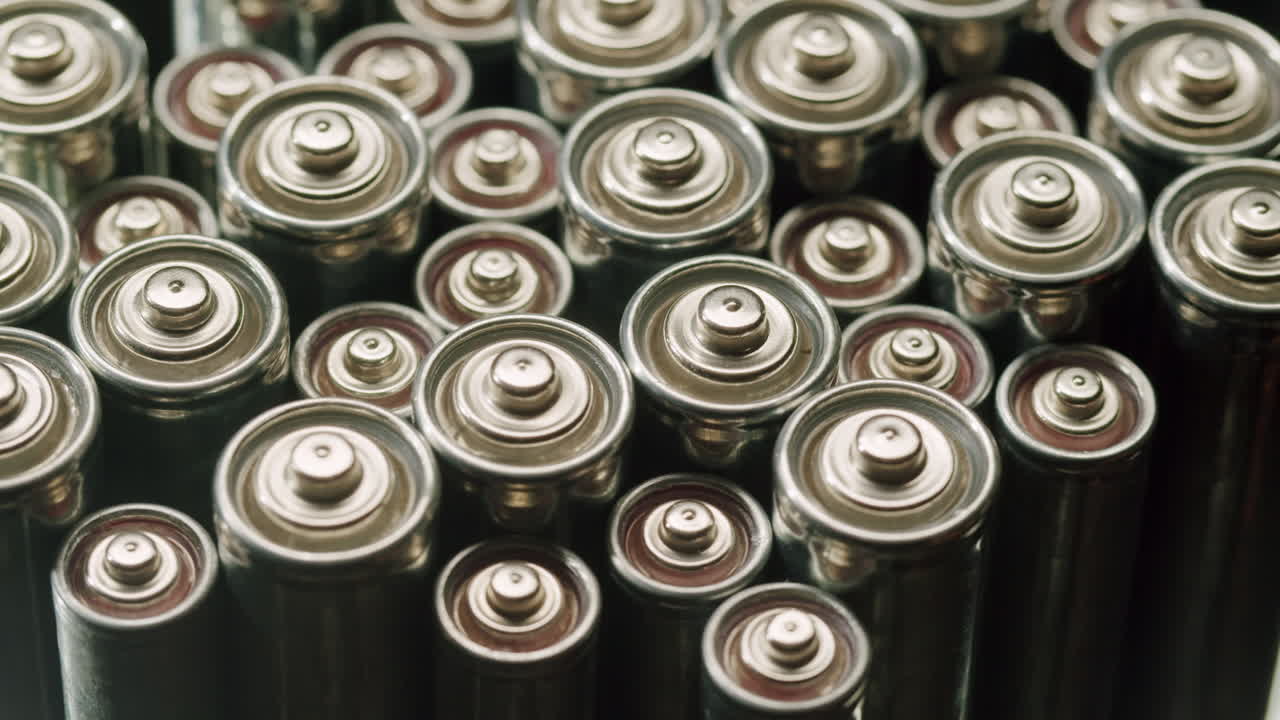 Silver batteries AA and AAA on black background close-up. Double-A battery is a standard size single cell cylindrical dry battery. Batteries are common in portable electronic devices. An AA battery is composed of a single electrochemical cell that may be either a primary battery or a rechargeable ba