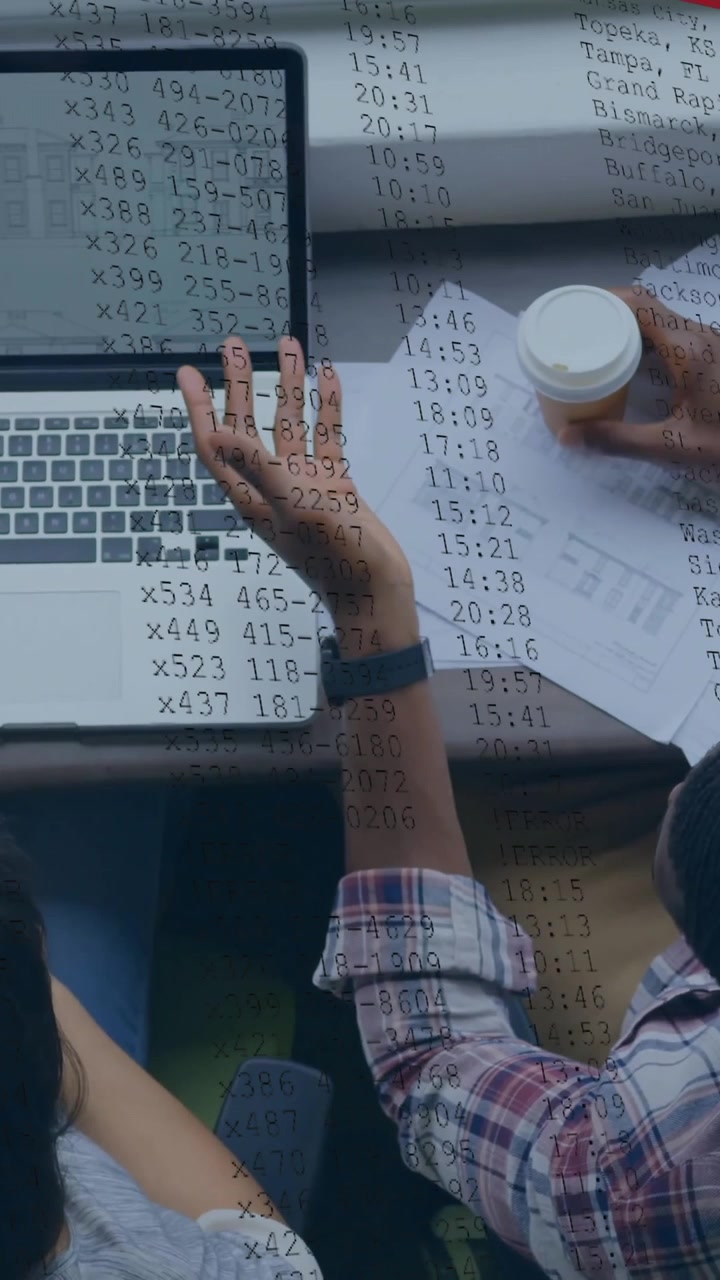 Animation of financial data processing over diverse business people in office