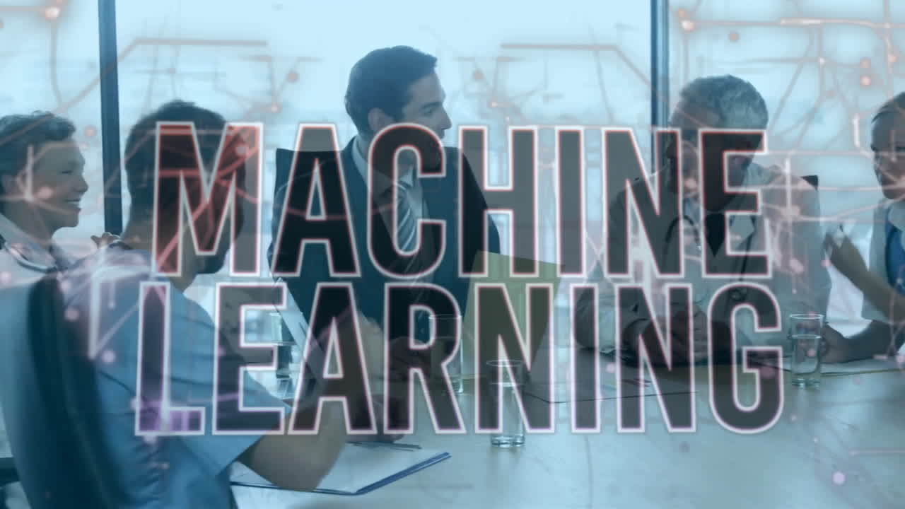 animación de texto de aprendizaje automático sobre diversos médicos discutiendo en la oficina