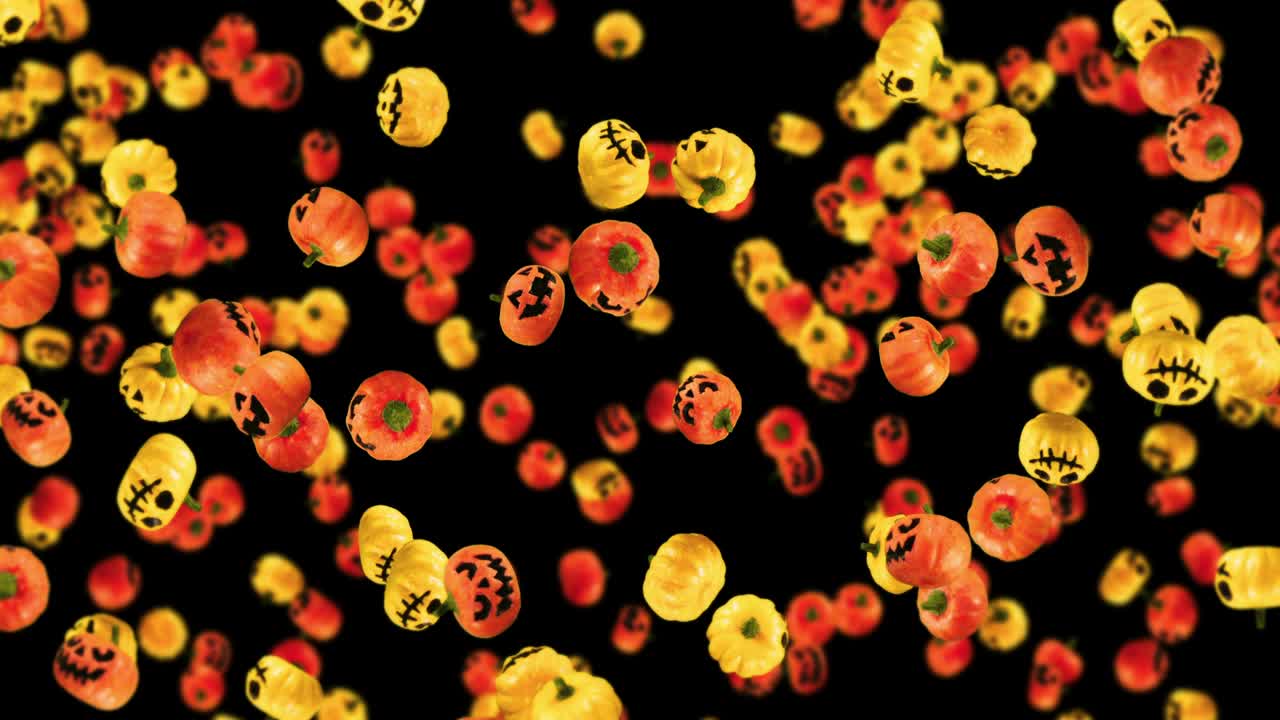 흑색 배경에 많은 오렌지색과 노란색 호박을 날아다니며, 미소와 함께 만화 얼굴, 할로윈 휴가에 대한 3d 애니메이션, 루프 애니메이션.